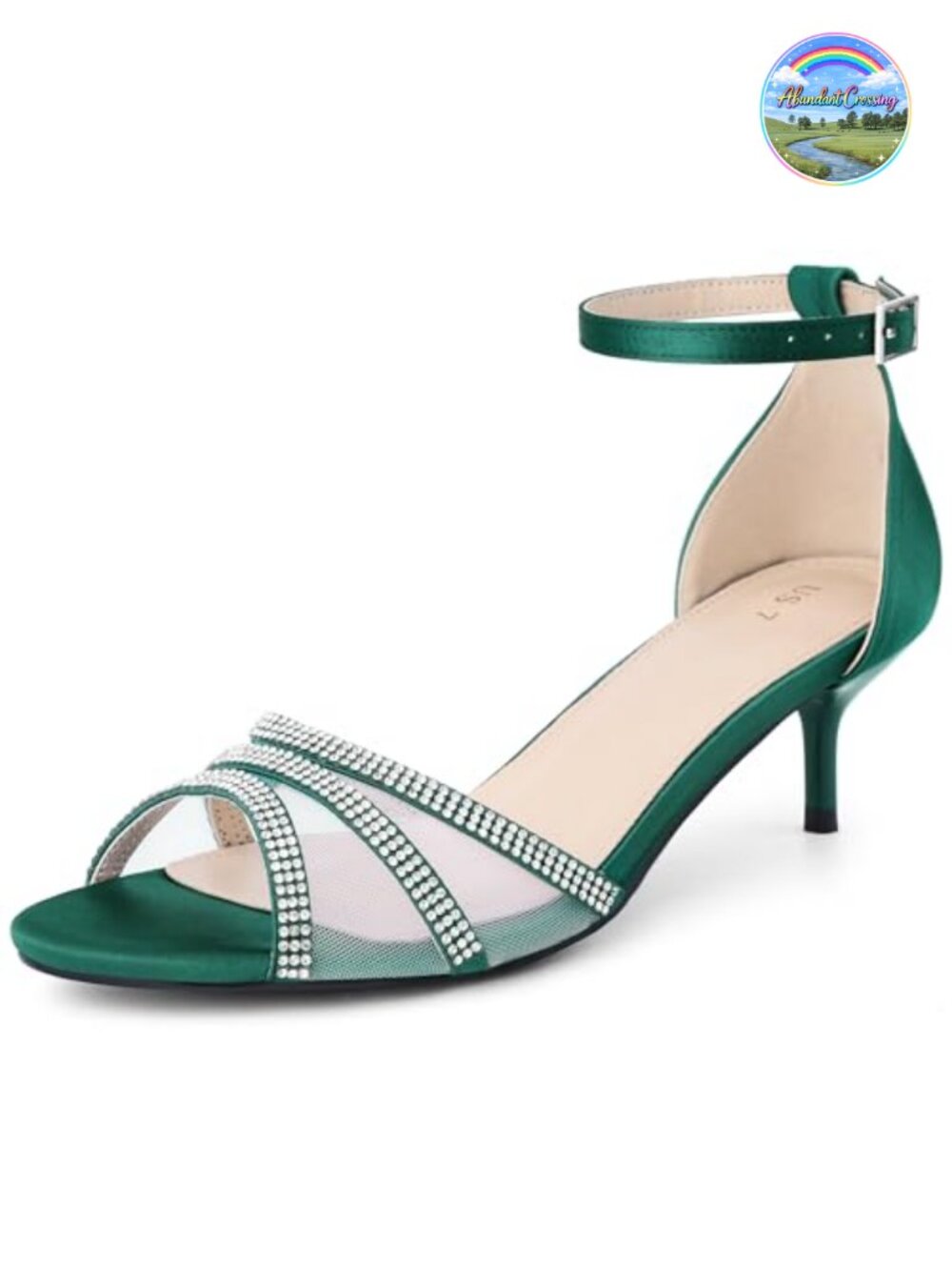Rhinestone Mesh Kitten Heel Sandals Ankle Strap Satin Open Toe